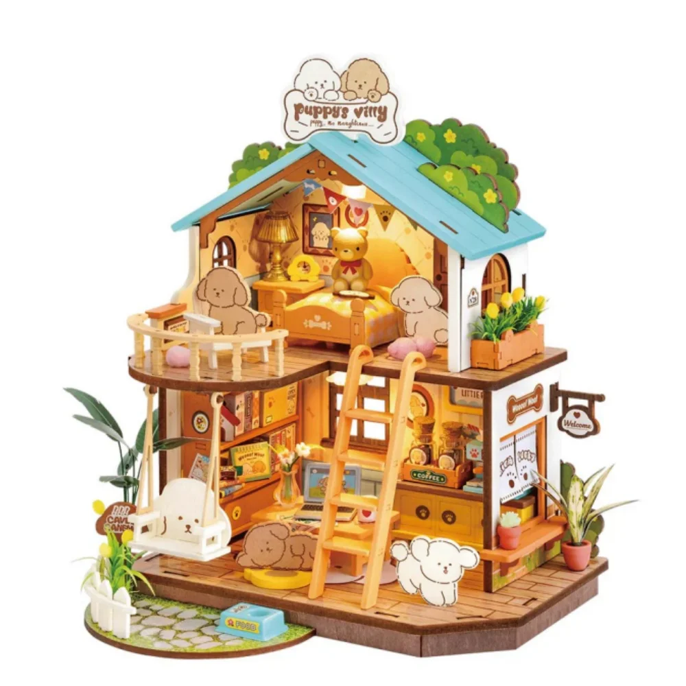 Robotime Rolife DIY Miniature Dollhouse Kit Rolife Puppy's Cozy Villa Amazing Gift for Children DIY Miniature House for Adult