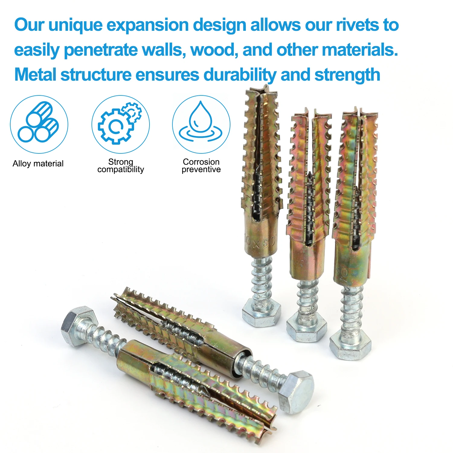 Parafusos de âncora de aço carbono, tubo de expansão serrilhado, plugue de perfuração de tubo de âncora de parede para fixadores de concreto, kits de sortimento de parafusos