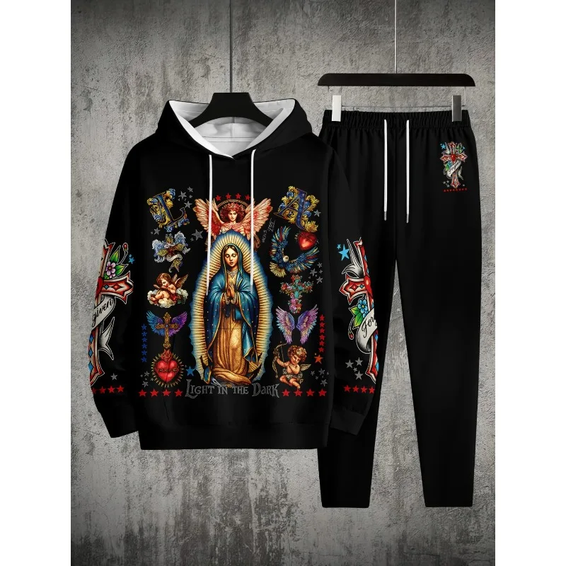 Модный спортивный китайский иероглиф с забавным лицом и 3D принтом, мужская толстовка с капюшоном на плечах, топ, брюки, комплект из двух предметов