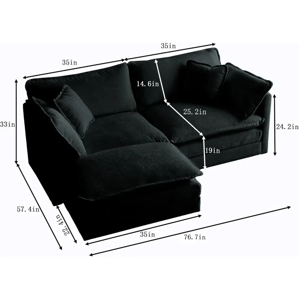 Deep Seat Sectional Sofa, Comfy Cloud Couch Loveseat with Ottoman, 76.7