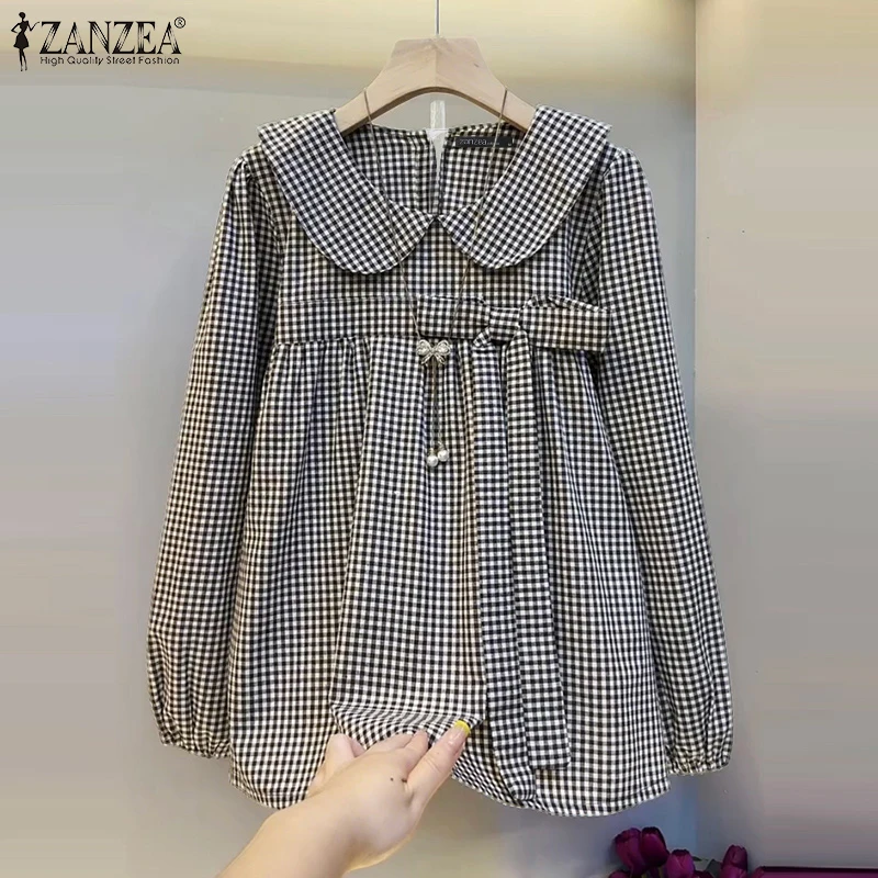 ZANZEA Fashion Women's Blouse Long Sleeve Peter Pan Collar Plaid Tops Autumn Spring Checked Shirts 2025 Casual Loose Blusas
