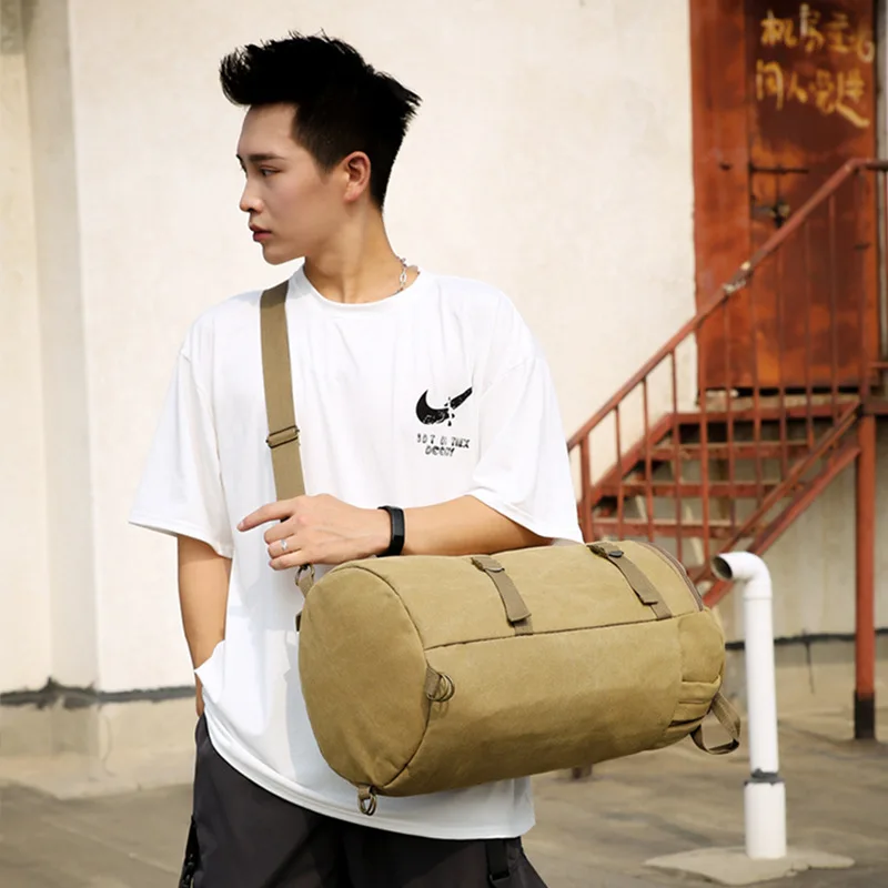 2026 New Large Capacity Canvas Outdoor Travel Backpack Men's Barrel Shaped Fitness Luggage Bag Multi-Functional Double Shoulder