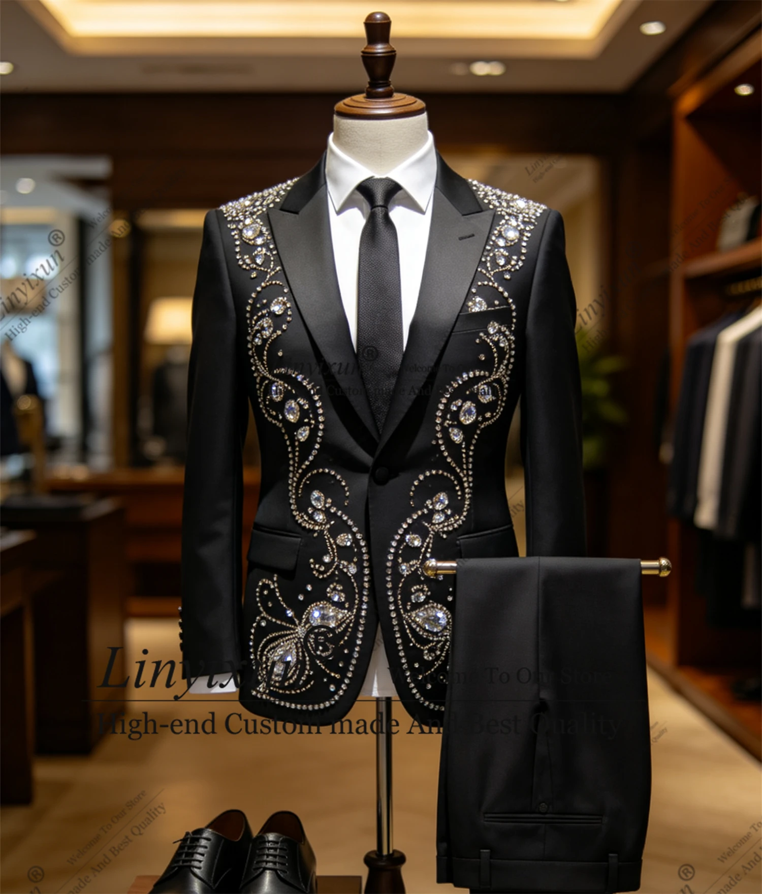 

Elegant Rhinestone Men Suit 3 Pieces Wedding Groom Wear Tuxedos Customized Male Party Prom Blazers Slim Fit terno masculino