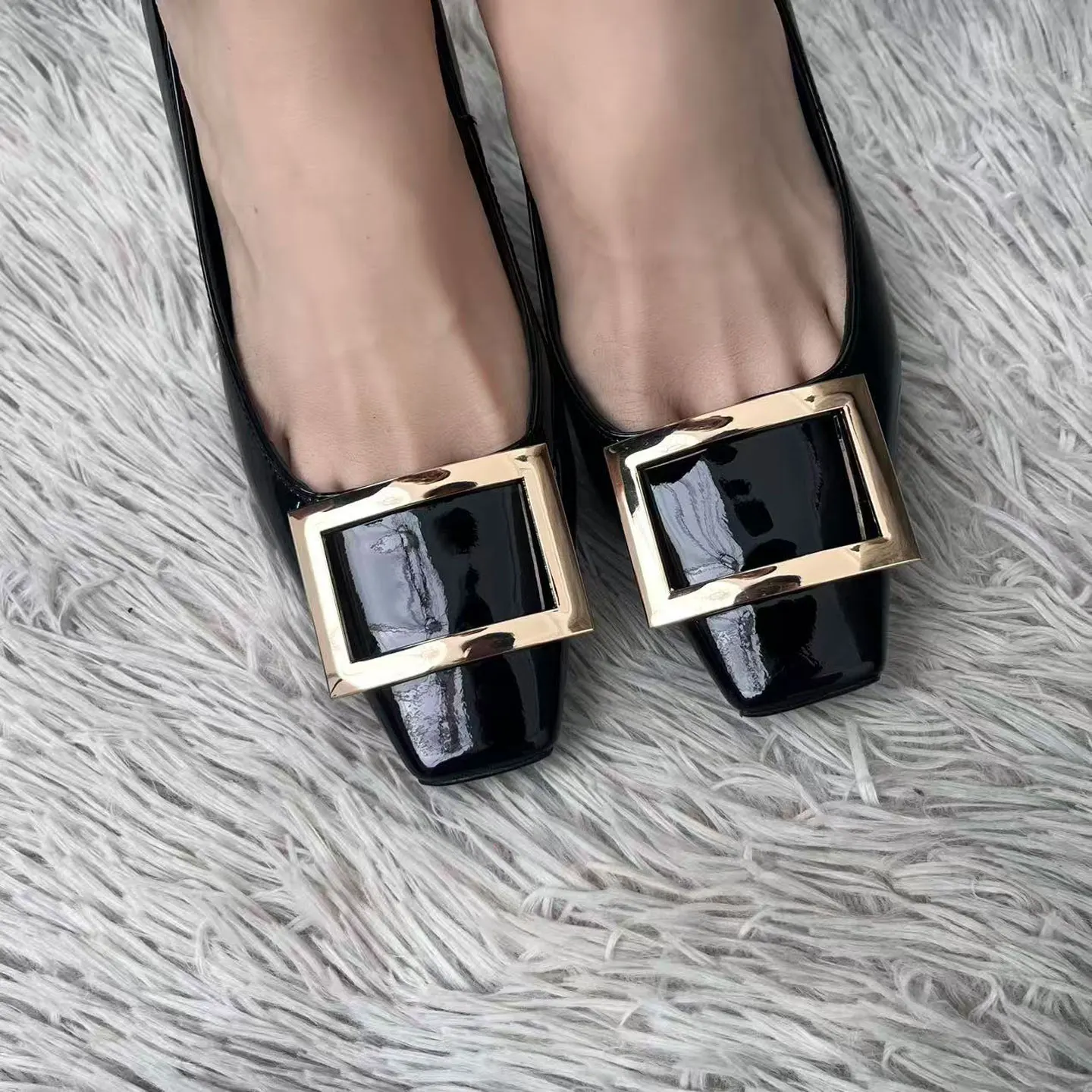 Retro square buckle patent leather square toe shallow mouth single shoe commuting versatile temperament shoes women's shoes