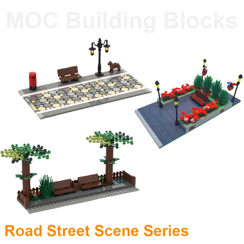 

City Road Scene Building Blocks Model Street Lights Bench Trees Small Particle MOC Assembly Bricks Kid Creative DIY Toys Gifts