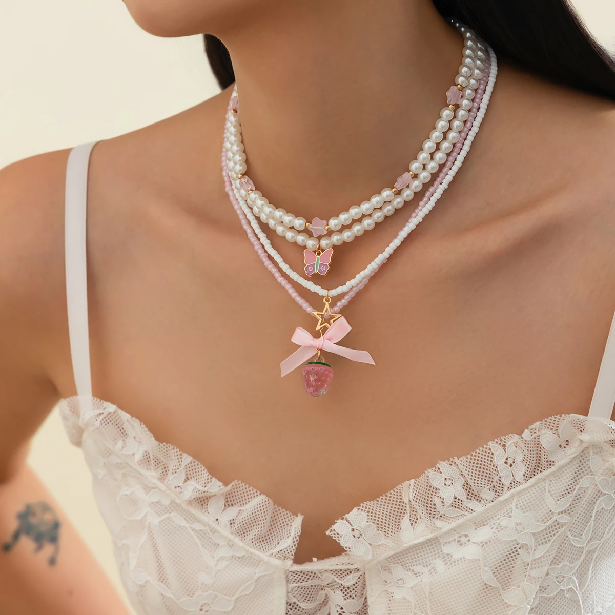 

IngeSight.Z Sweet Cute Pink Strawberry Butterfly Pendant Women Necklace Set Romantic Elegant Multilayer Imitation Pearl Choker