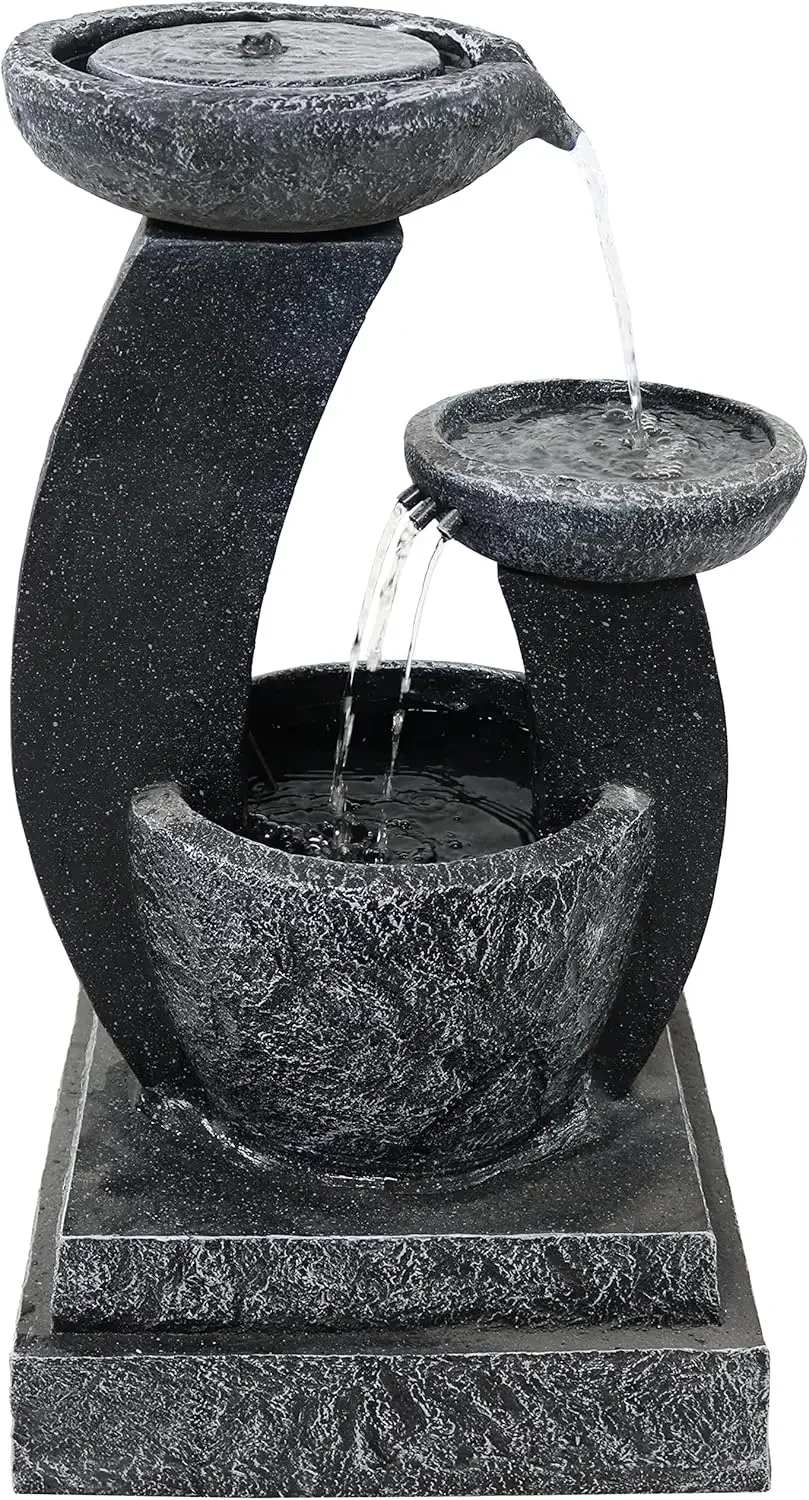 Modern Cascading Bowls 28-Inch Solar Water Fountain with Battery Backup and LED Lights