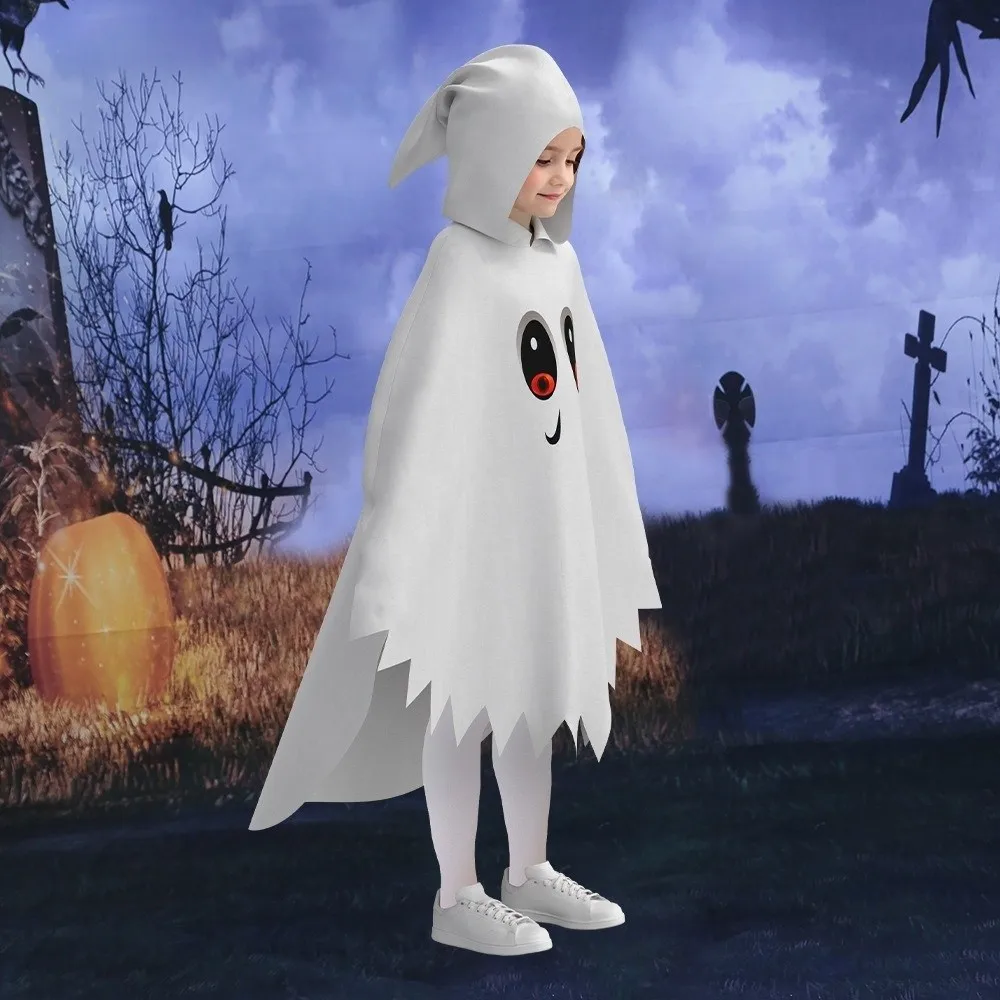

Glowing Halloween Kids Cosplay Cloak Clothing Prop White Black Party Dress Up Fun Interaction Loose Ghost Hooded Cloak Gift