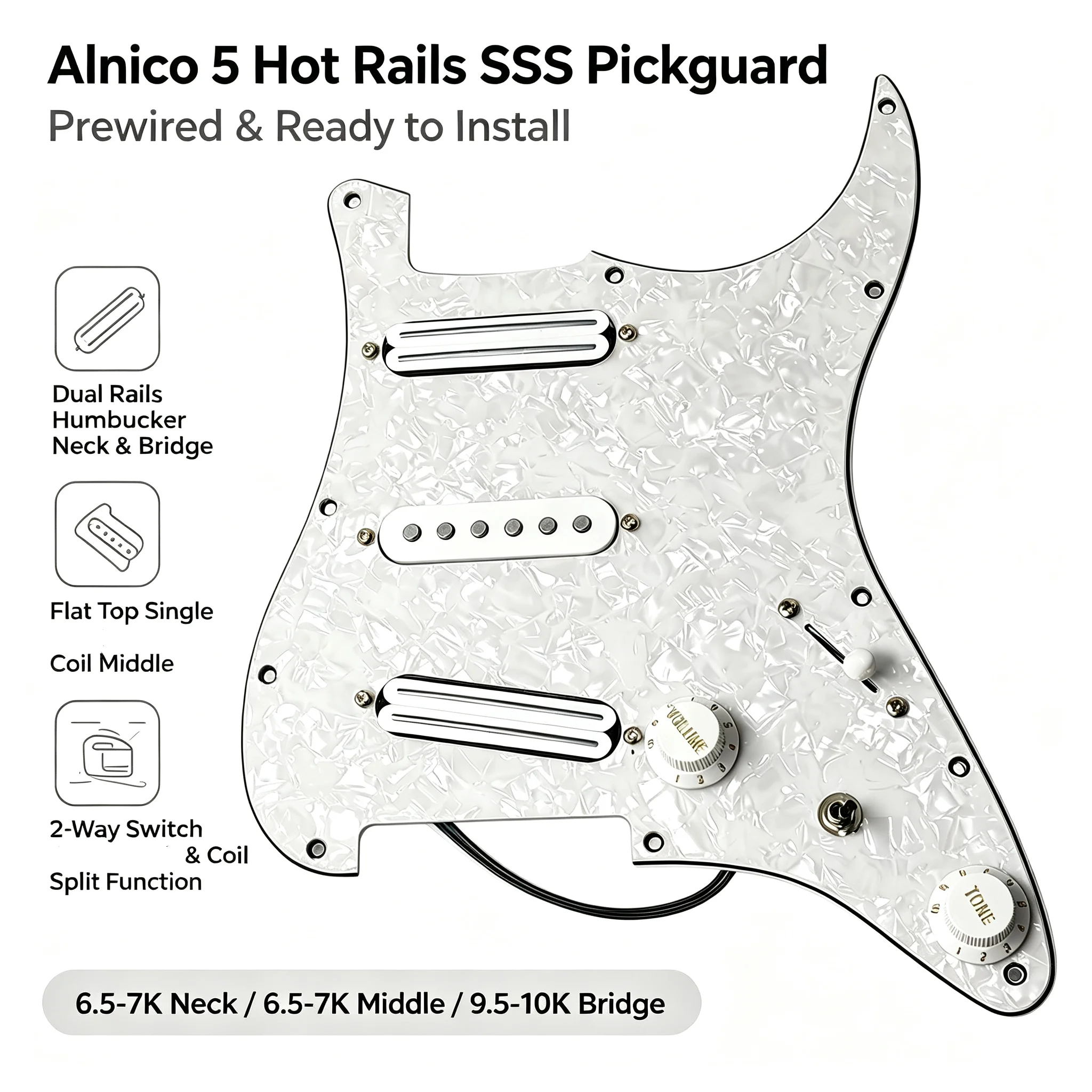 RUKOVA `Alnico5 Hot Track Single Coil Pickup, SSS Pre-Wired FD ST Guitar Pickup Set, Preinstalled Baffle for ST Style Guitar
