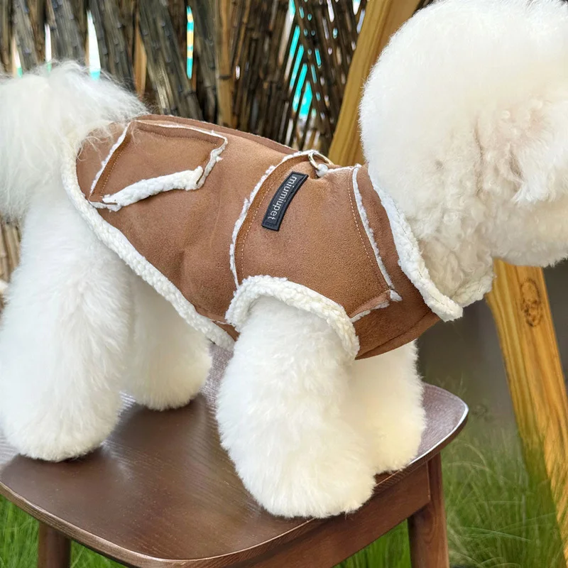 Solid Color Dog Vest Autumn Winter Wool Warm Pet Pocket Two-legged Clothes Small Medium-sized Jacket With Traction Buckle Coat