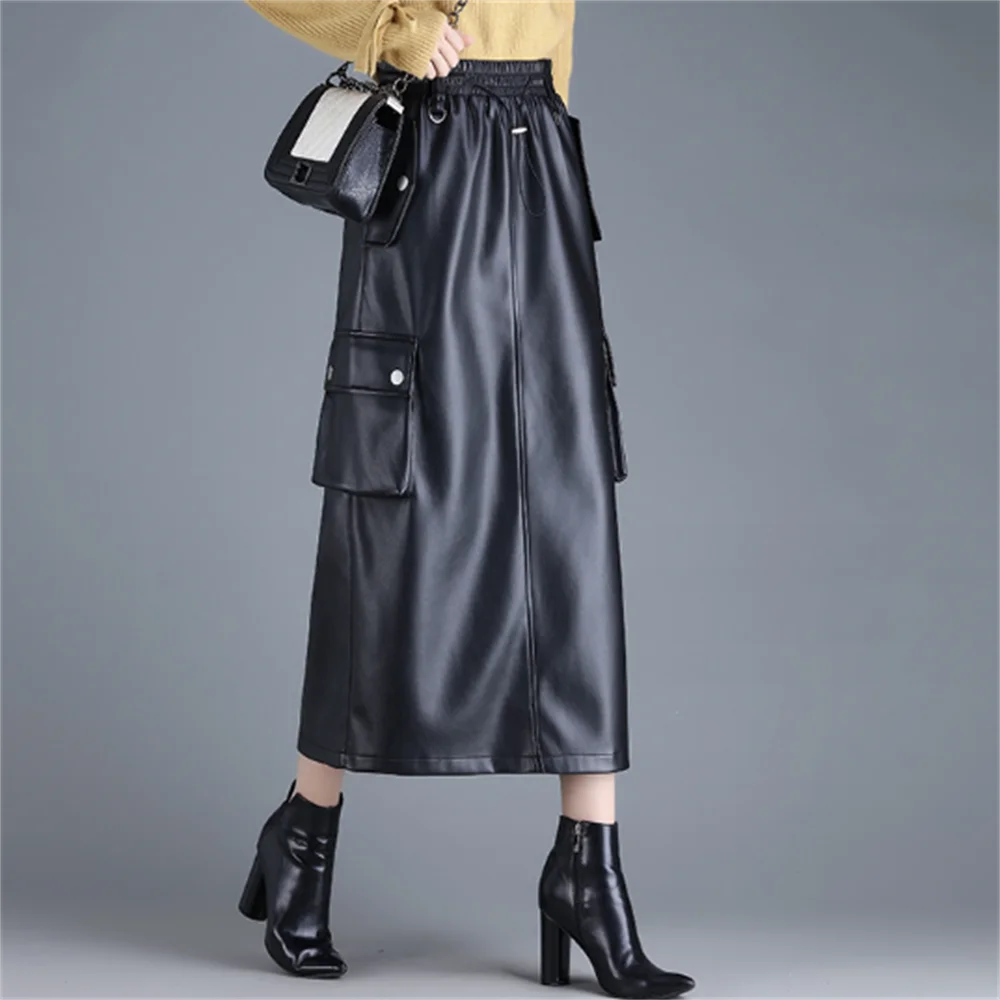 Black overalls PU leather skirt elastic waist pocket long skirt