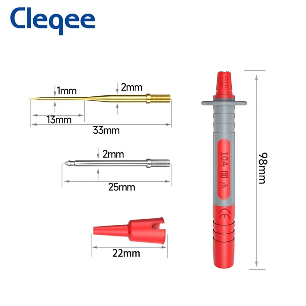 Cleqee bolígrafo de sonda de prueba de multímetro P8003 con agujas afiladas reemplazables chapadas en oro de 1mm + bolígrafo de prueba multiusos de