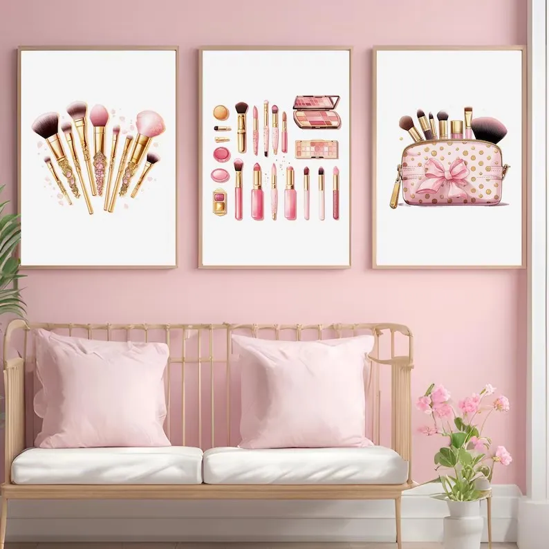 Canvas Wall Art Wall Art Print Fashion Girly Pink Makeup Collection EyeLash Lipstick Perfume Poster Canvas Painting Wall Art