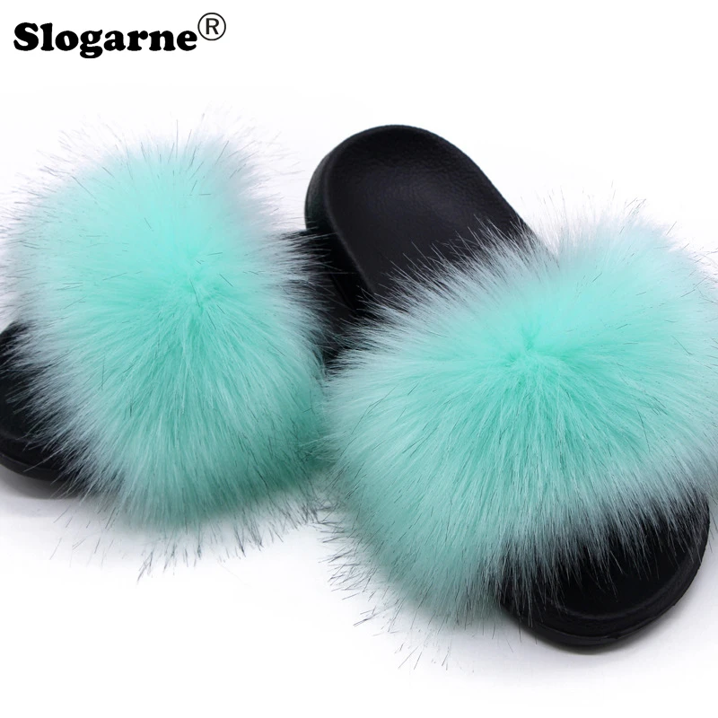 Fur Slippers Women 2024 Summer Faux Fox Fur Slippers Girls Luxury Cool Home Shoes Outdoor Sexy Furry Slides Sandals Flip Flops