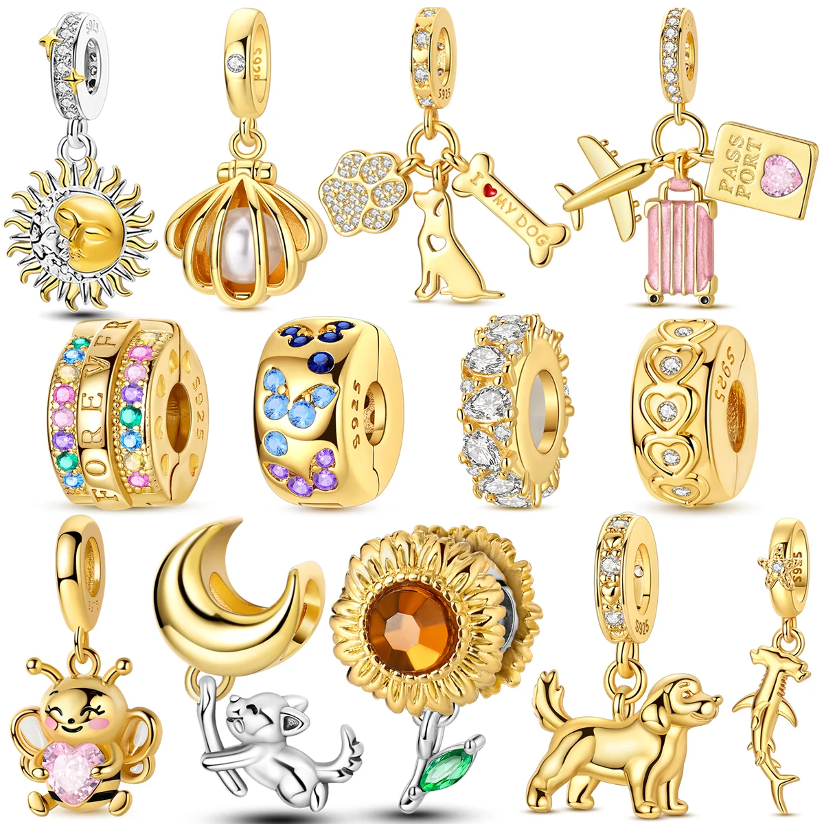Gold Series Charms Bead Original 925 Sterling Silver Inlaid Zirconium Sun Leopard Pendants Fit Bracelet Jewelry Gift DIY Marking