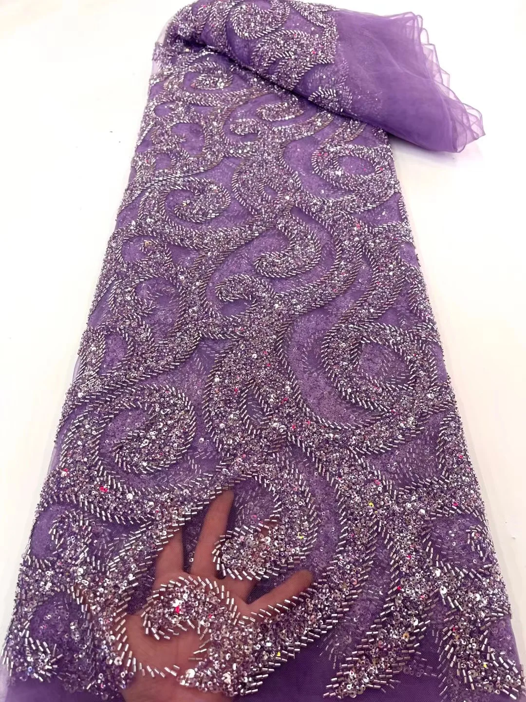 

High Quality African Luxury Sequins Tulle Lace Fabric 2022 Nigerian Heavy Handmade Beaded 5 Yards Fabric For Party Wedding Dress