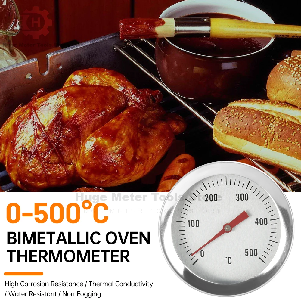 0-120 ℃ /0-500 ℃ الفولاذ المقاوم للصدأ مقياس درجة حرارة الفرن داخلي وخارجي شواء ميزان الحرارة المدخن قطر درجة الحرارة 52/54 مللي متر #2