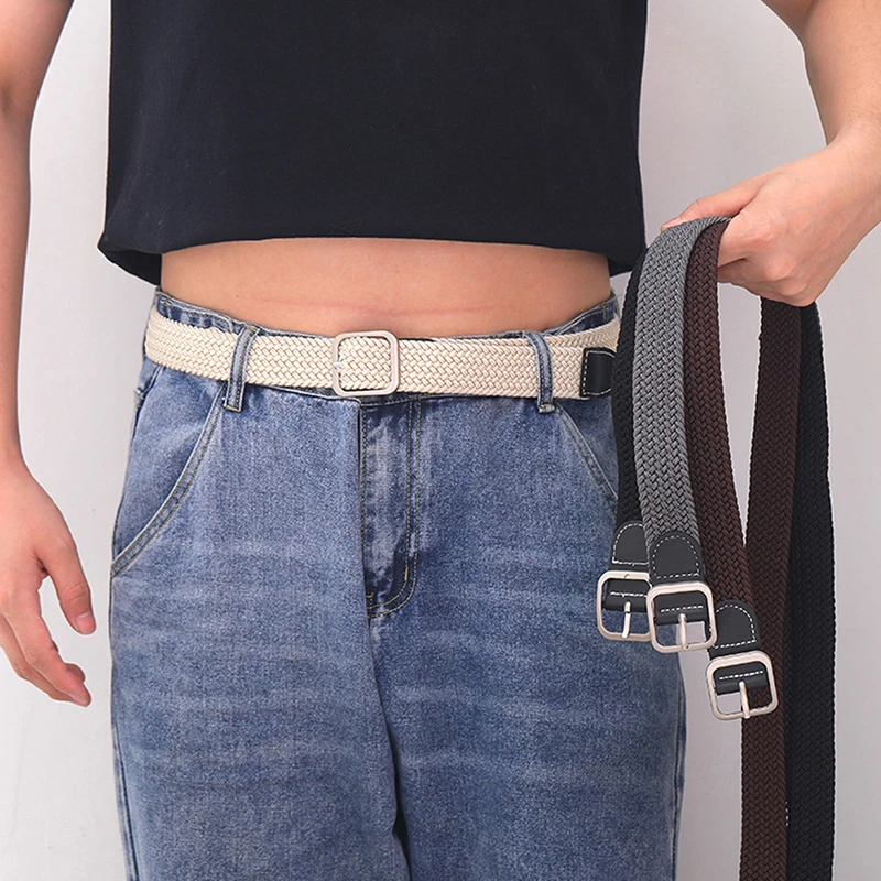 1Pc Fashion Belt Woven Canvas Belt Metal Buckle Men Women Elastic Braided Belt Punch Free