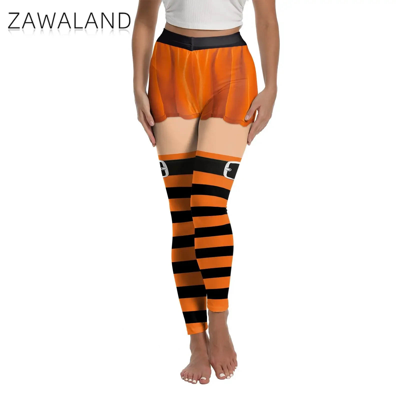 Zawaland اليقطين مخطط نمط هالوين طماق للنساء البرتقال تأثيري السراويل منتصف الخصر مطاطا اليوغا السراويل الجوارب الطرف