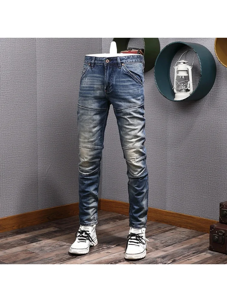 Herfstmode herfstmode Splicing retro blauwe slim fit jeans heren motorfietsstijl nostalgische gewassen broek met kleine pijpen