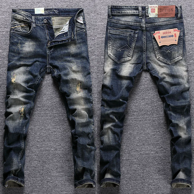 Streetwear moda masculina calças de brim retro preto azul elástico fino ajuste rasgado jeans bordados designer vintage casual denim calças