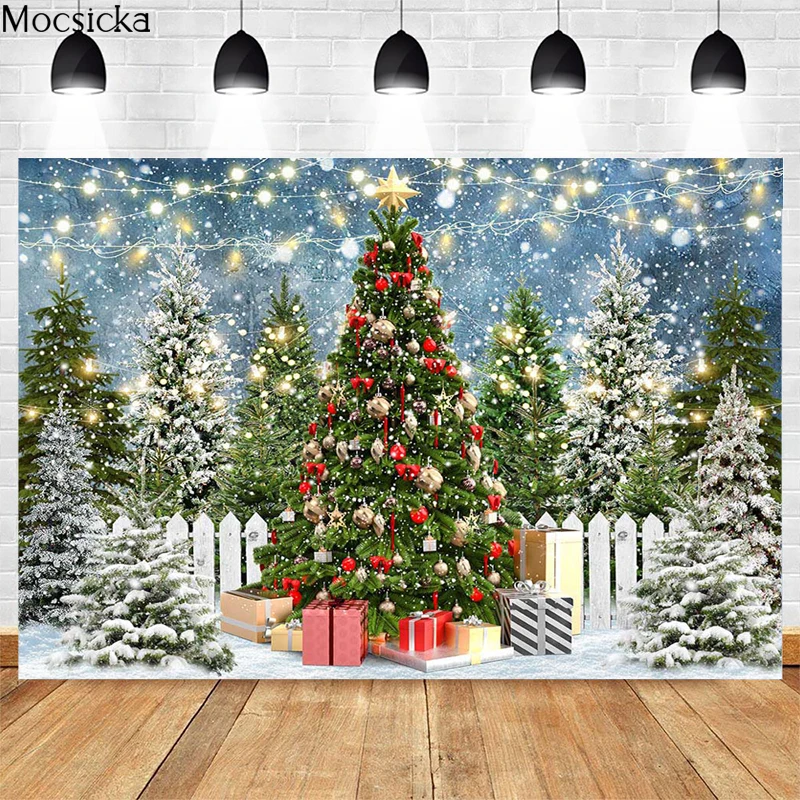 Mocsicka-Fondo de fotografía de árbol de Navidad grande, decoración de bosque nevado de invierno, retrato de niños y adultos, pancarta de fondo para fotografía