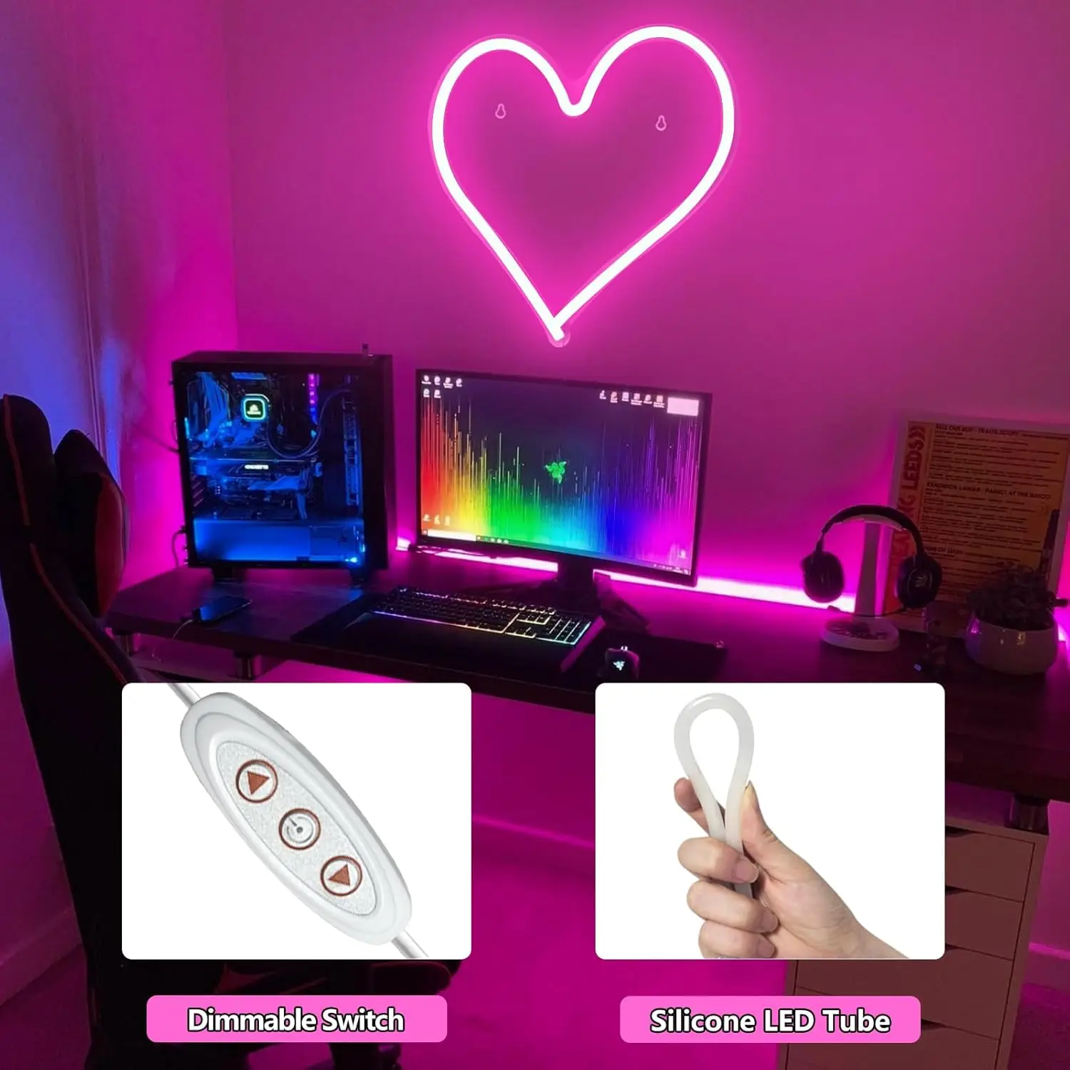 หัวใจสีชมพูป้ายนีออน,Neon Heart Light สําหรับตกแต่ง, love Heart LED Light up Sign 13.4 × 13 นิ้ว USB Powered โรแมนติก