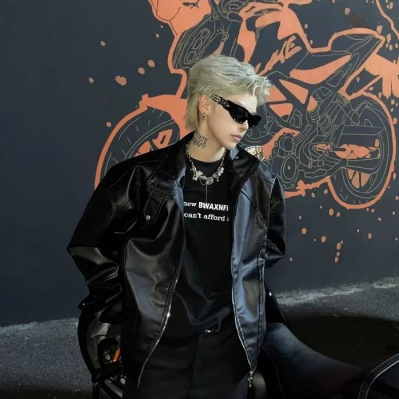 

American Style PU Leather Jacket for Men Short Sleeve Autumn High Street Shoulder Pads Biker Design