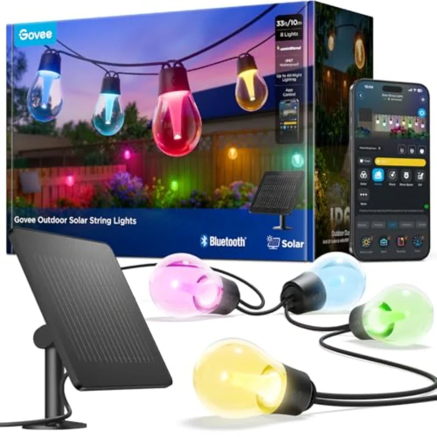Outdoor Solar String Lights 33ft for garden backyard camping, shatterproof LED bulbs, RGBICW color, 112 modes APP control, IP67