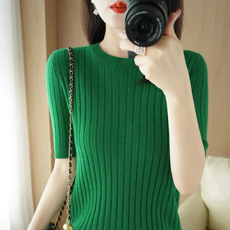 Spring and Summer Women O-Neck Cashmere Knitted Pullovers Short Sleeve  Jumper Knitwear Sweaters Solid Casual Bottom Tops