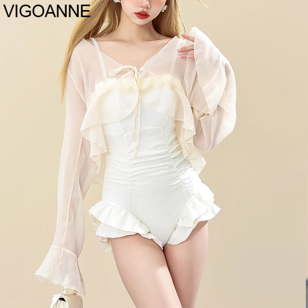 VigoAnne Solid Closed 2 Piece Swimwear Women 2024 Verge Push UP One Piece Swimsuit Korean Monokini Mesh Long Sleeve Bathing Suit