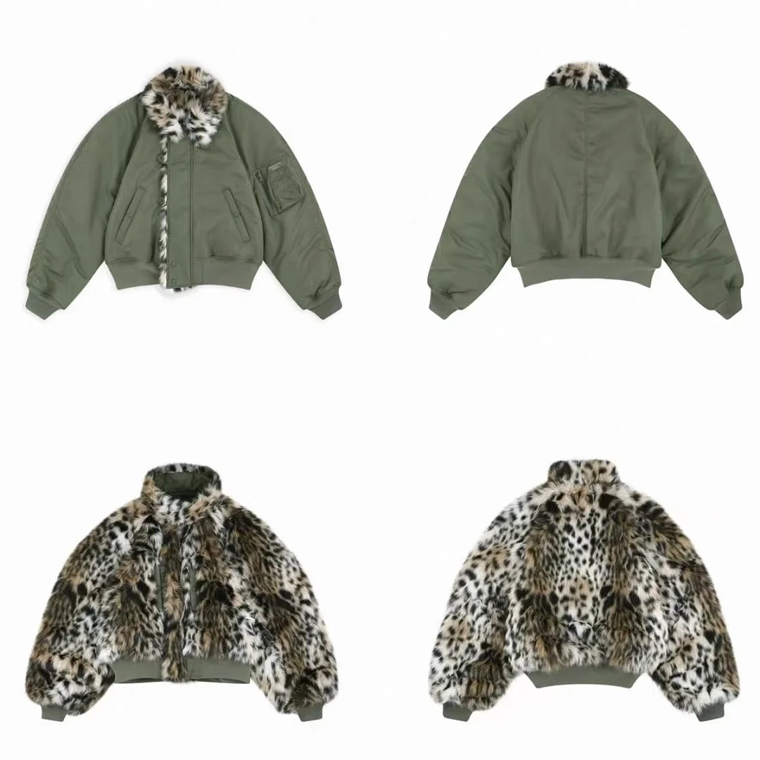 Top Version Winter PTLIndex Reversible Leopard Faux Fur Collar Women Men Padded Bomber Jacket Coat Oversized Men Short Jacket