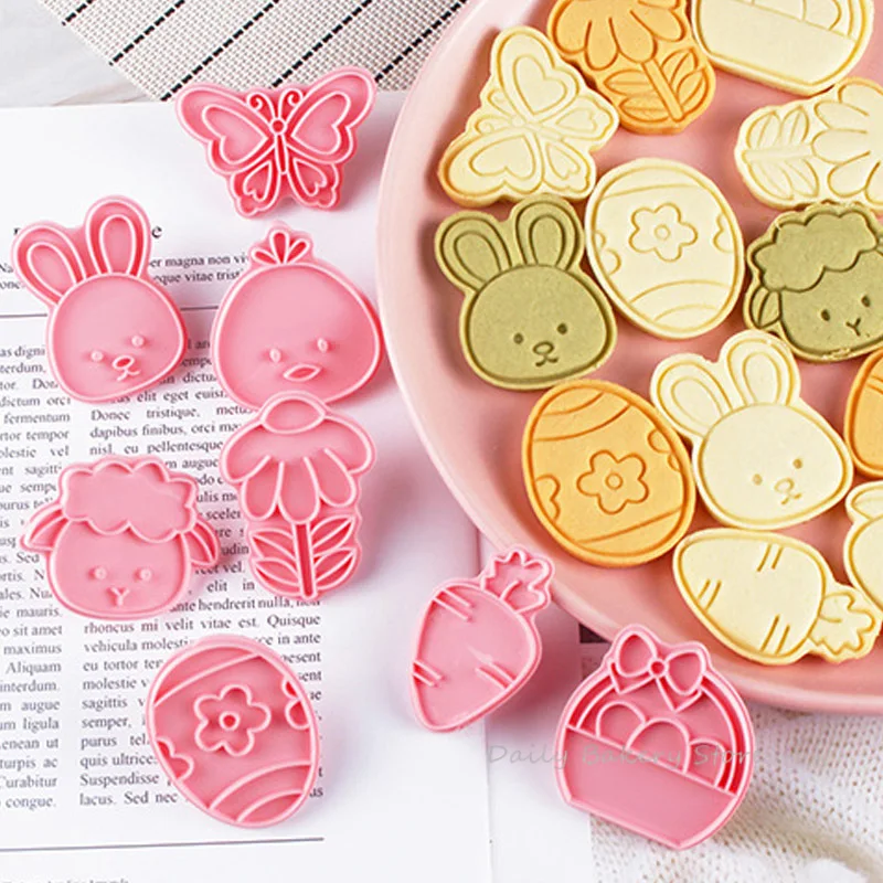 8Pcs Cartoon Bunny Easter Biscuit Mold 3D Cookie Push-type Cutter Mould Fondant Frosting Icing Cake Decor Baking Mold Bun Tools