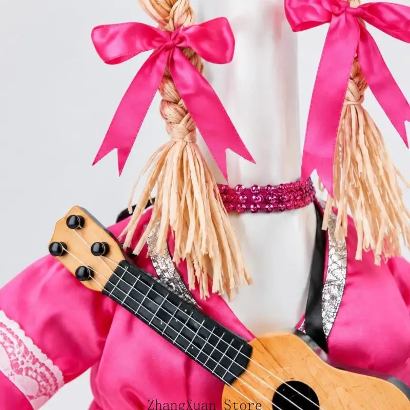 Pink Dress Costume for Decorative Garden Bird Statue with Silver Neckline Trim, Lace Cuffs, Double-Plait Hairpiece and Guitar