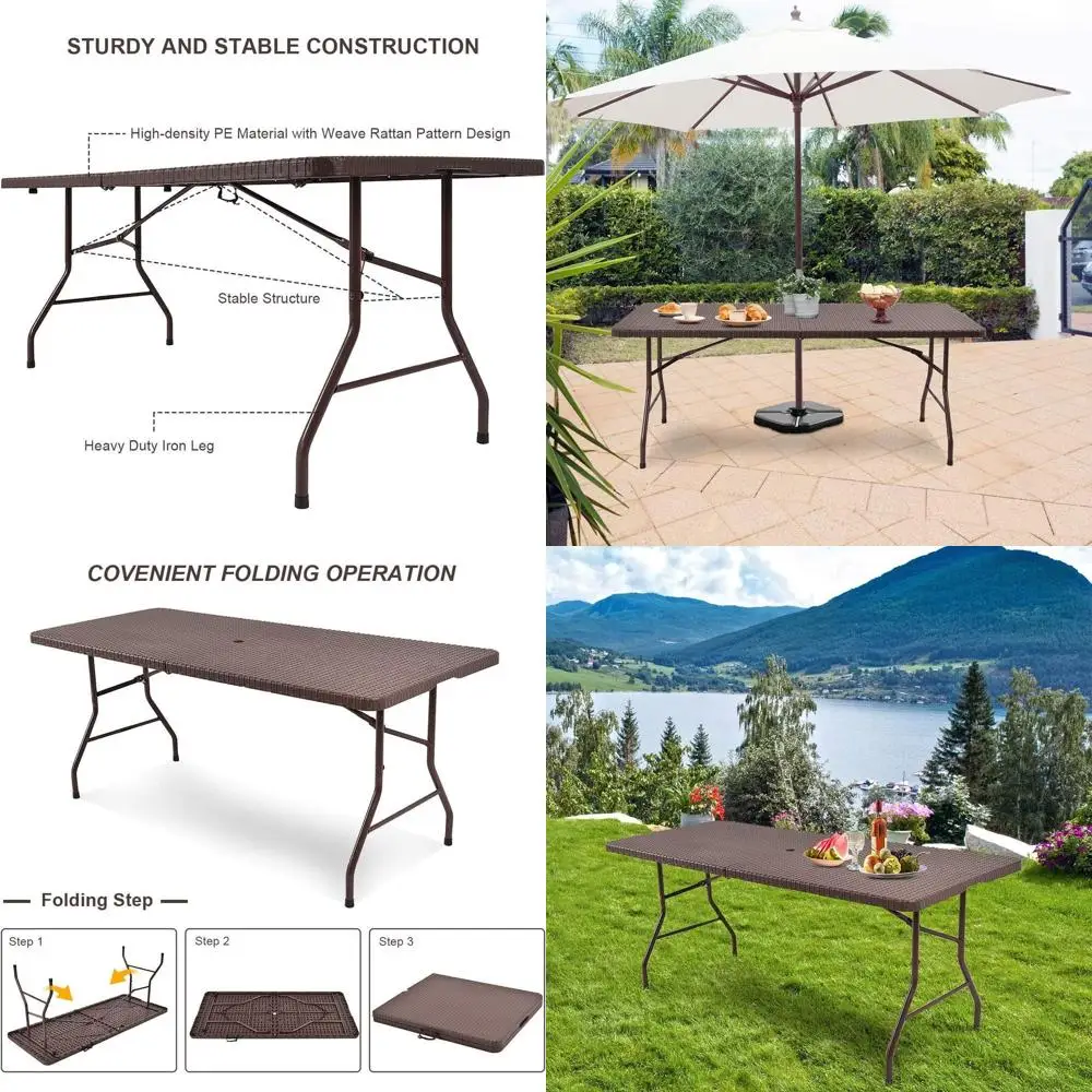 

Portable Rattan Folding Table with Umbrella Hole, Suitable for Indoor and Outdoor Use, Heavy-Duty Metal Frame, Ideal for Camping