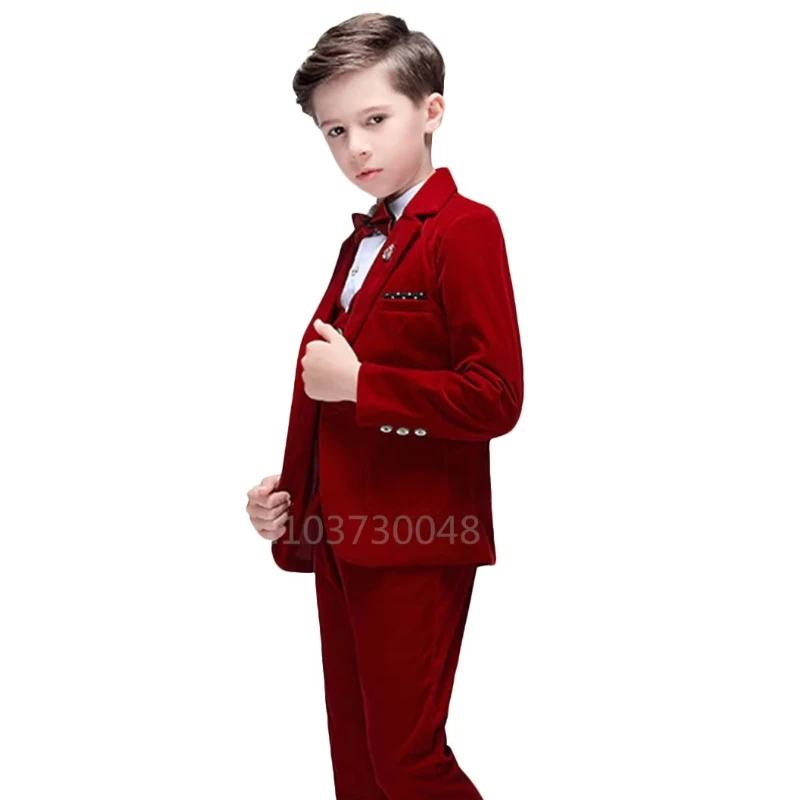 

Formal Boys Suit For Wedding Children Red Velvet Party Blazer Vest Pants Outfit Kids Costume Teenager Prom Tuxedos Set