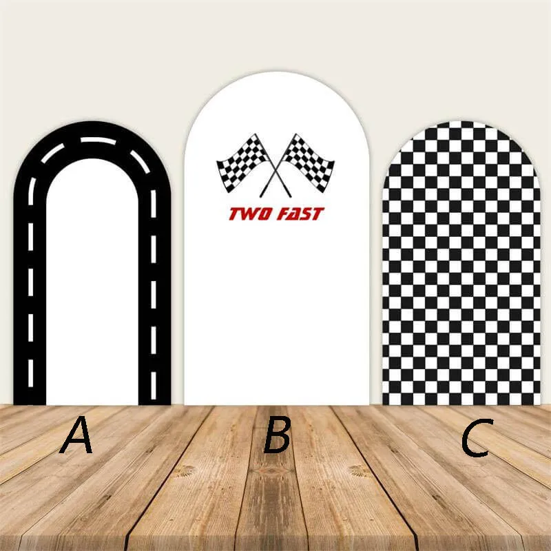 Mehofond Custom 2-Sided Racing Theme Black White Two Fast Kids Birthday Party Baby Shower Cover Chiara Arch Decor Backdrop Photo