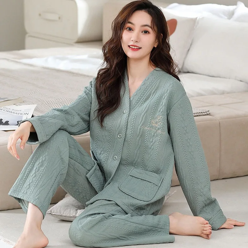 New Autumn/winter Ladies Keep Warm Interlayer Pajamas Pure Cotton Long Sleeve Loungewear Female Light Cotton Suit Winter