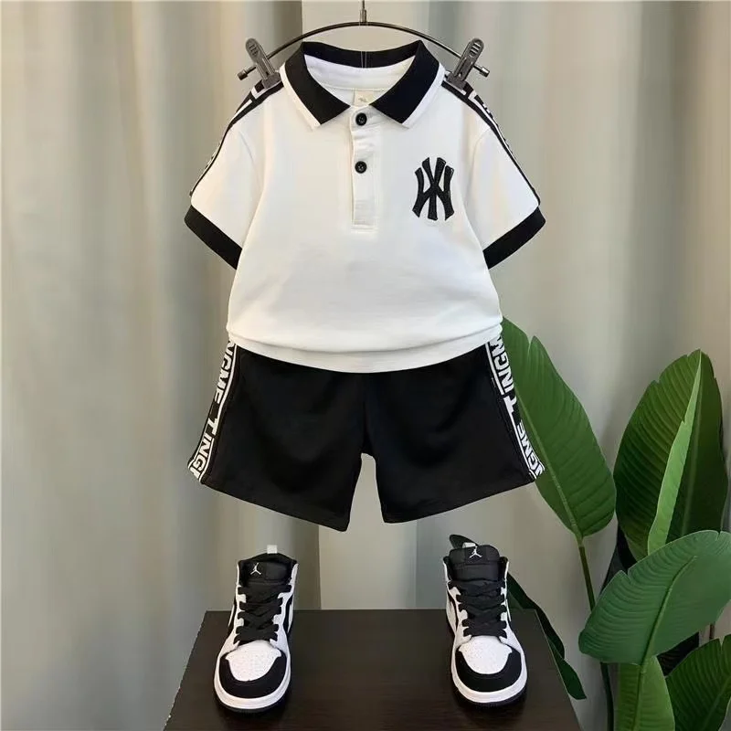 Summer Outfits for Baby Boy 1 to 8 Years Old Letter Turn-down Collar T-shirts Tops and Shorts 2PCS Boutique Infant Clothing Sets