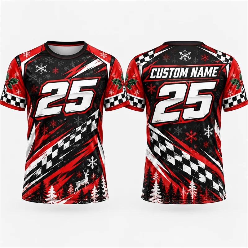 Custom Name Number Christmas Racing T Shirt Men Checkered Flag Short Sleeve Xmas Motorsport Jersey Holiday Streetwear Gift Top