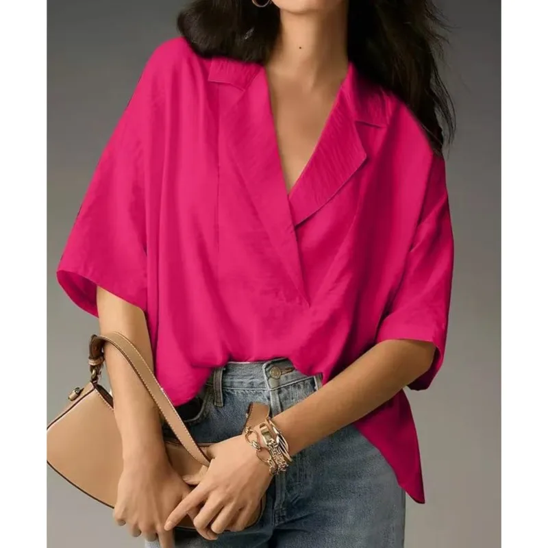

Suit Collar Blouse Retro Style Women's Loose Fit Lapel Shirt with Half Sleeves in Solid Color Casual Pullover Top for Daily Wear