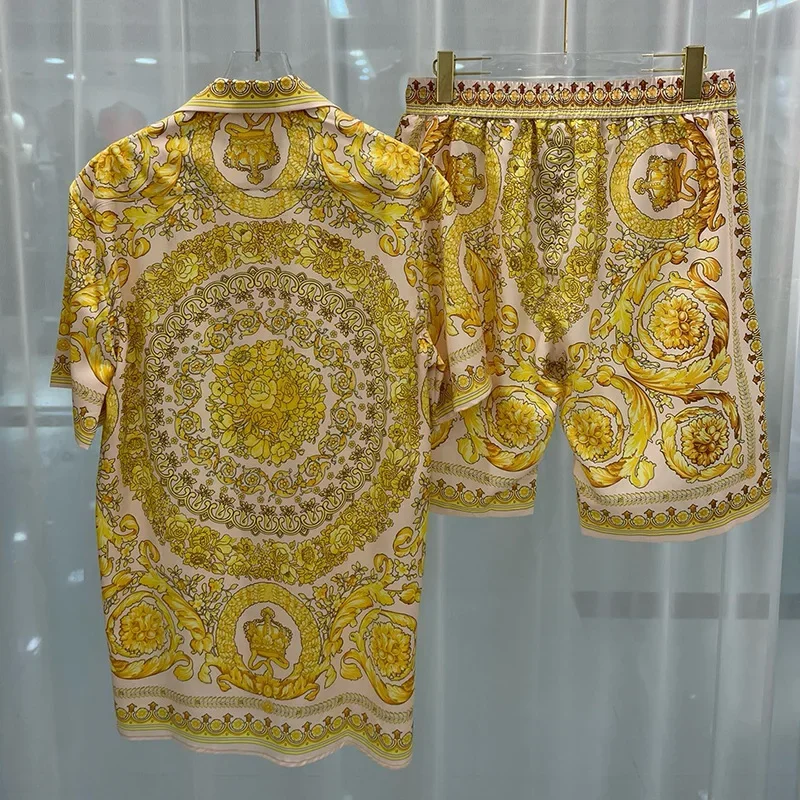 مجموعات الرجال الملكي الفاخرة نمط المحكمة 2 قطعة السراويل دعوى ملابس غير رسمية الأزهار الطباعة الرقمية قصيرة الأكمام قمصان Ropa Para Hombre