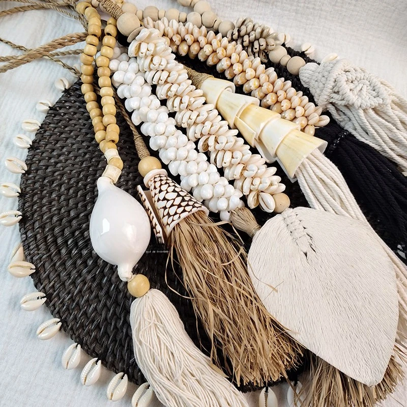 Handmade shell tassels, wooden beads, raffia hemp rope ornaments, curtain tie decorations