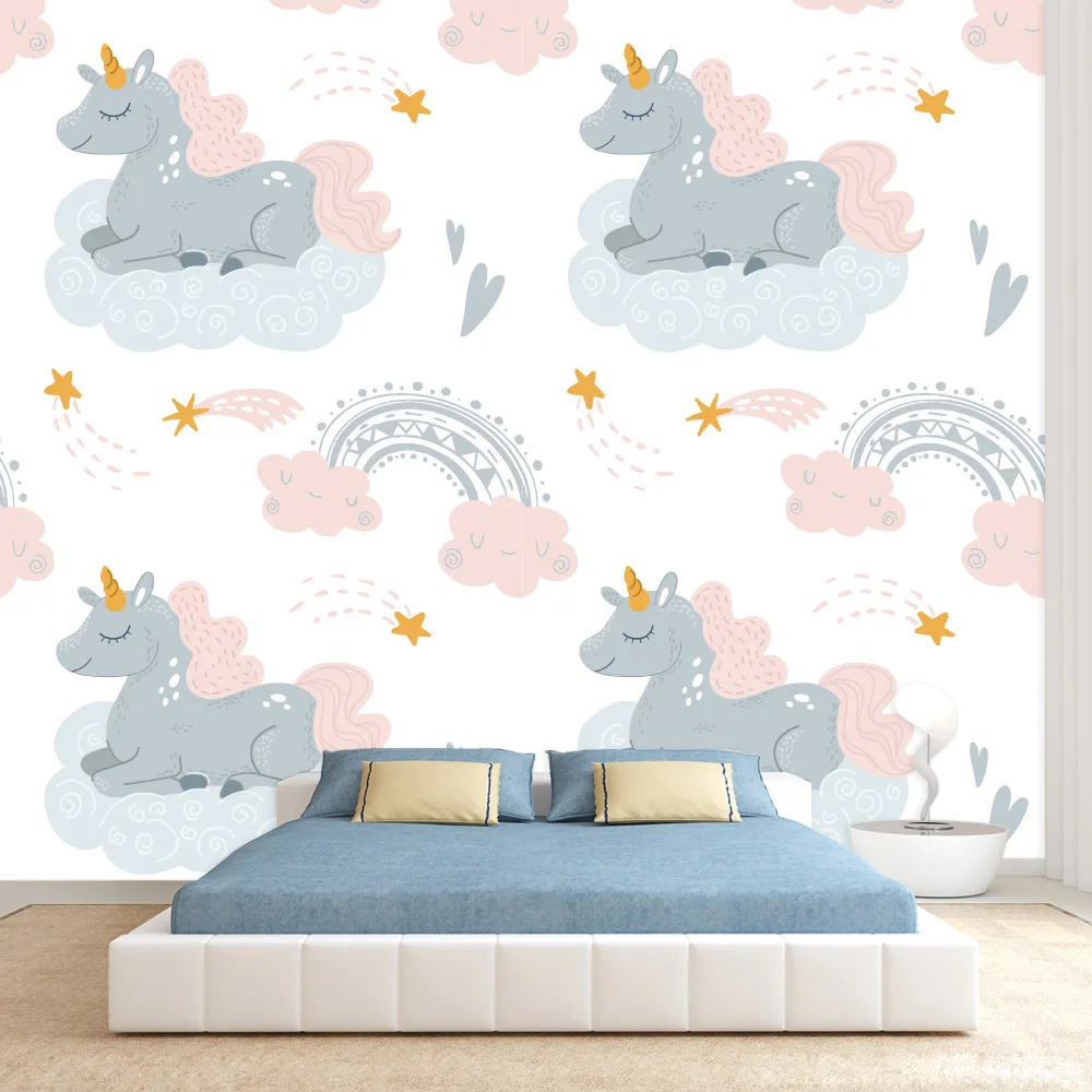 Cartoon Custom Self Adhesive Wallpaper for Living Room Contact Wall Papers Home Decor Kids Baby Bed Unicorn In Sky Cloud Murals