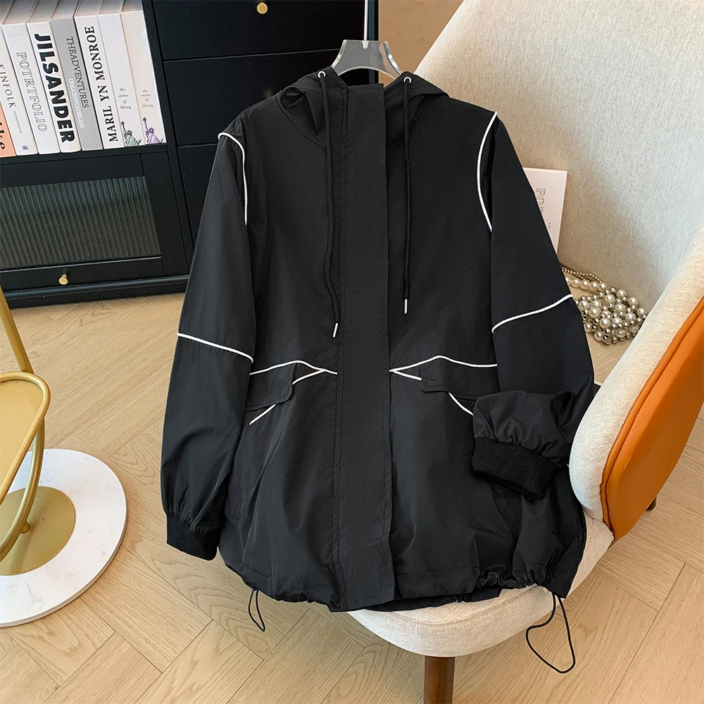 Autumn plus size women's casual hooded top zipper cardigan black loose commuter jacket draw rope elastic hem windproof top 2024