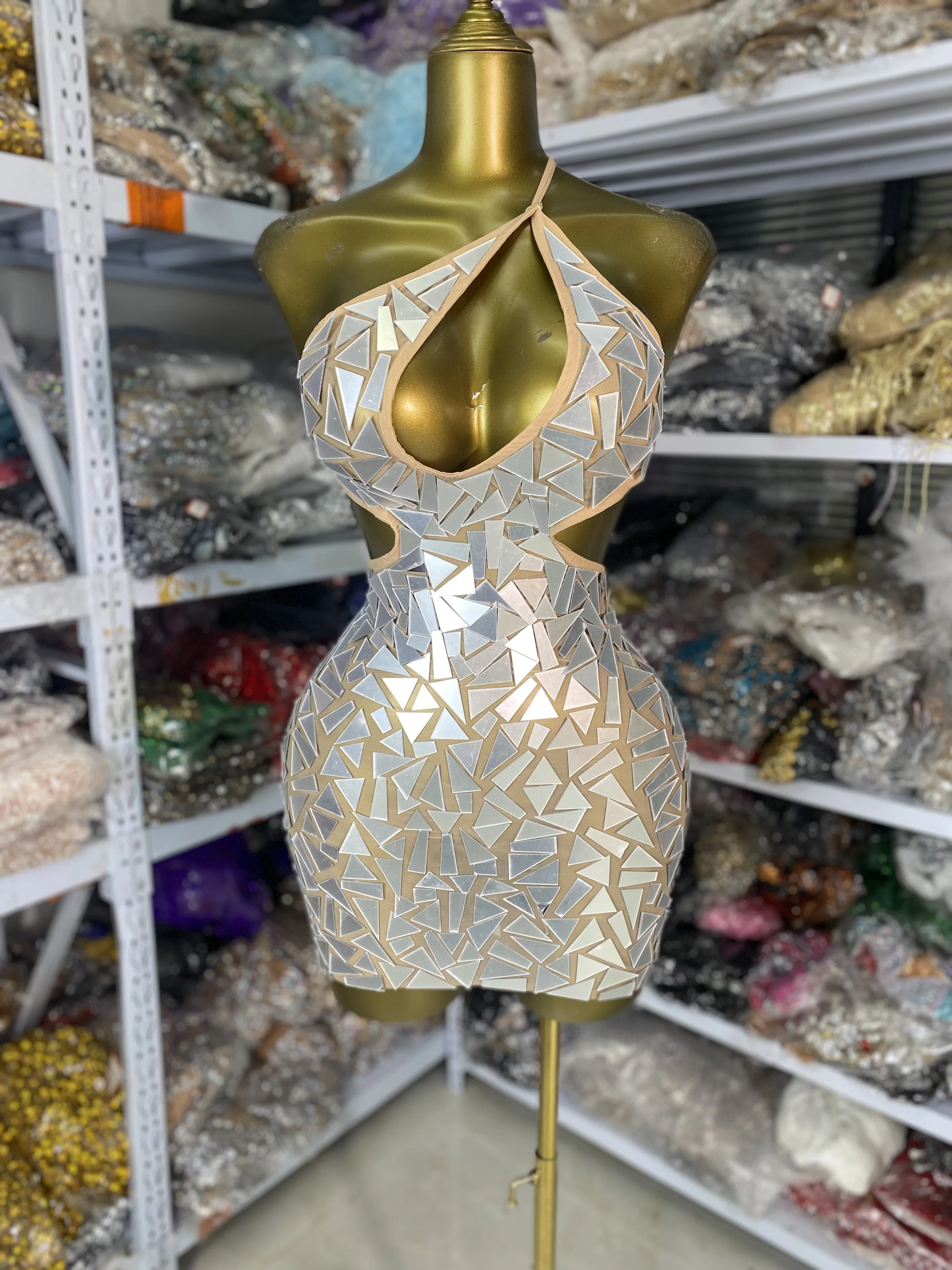 여성 섹시 Y2K 이브닝 파티 드레스 원숄더 컷아웃 백리스 미러 스파클리 특별한 날 드레스 나이트바 DJ 고고 의상