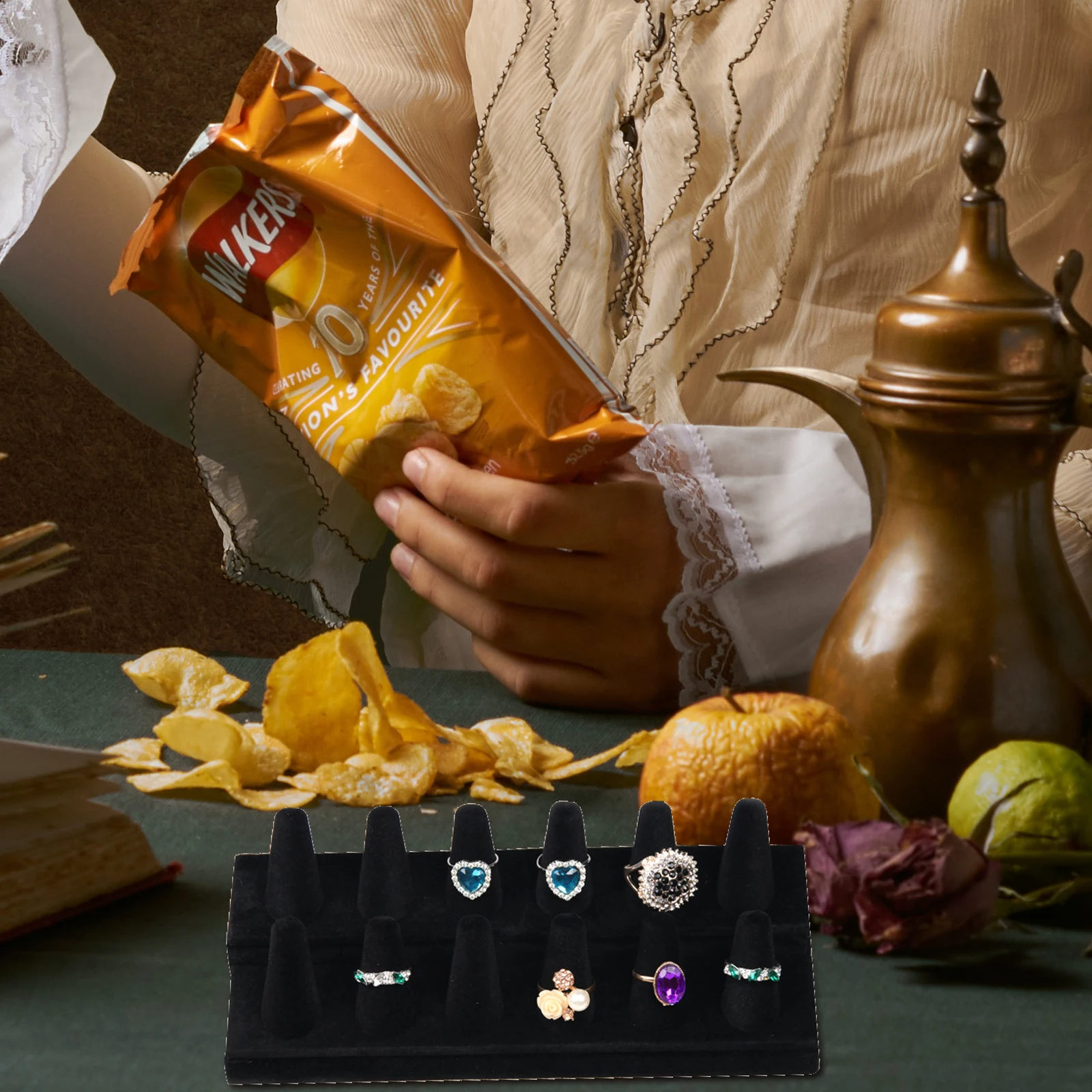 

Стойка для демонстрации колец, органайзер для ювелирных изделий, черный двухслойный держатель для колец на палец, подставка, витрина, опора, смола, бархатный материал, плоский