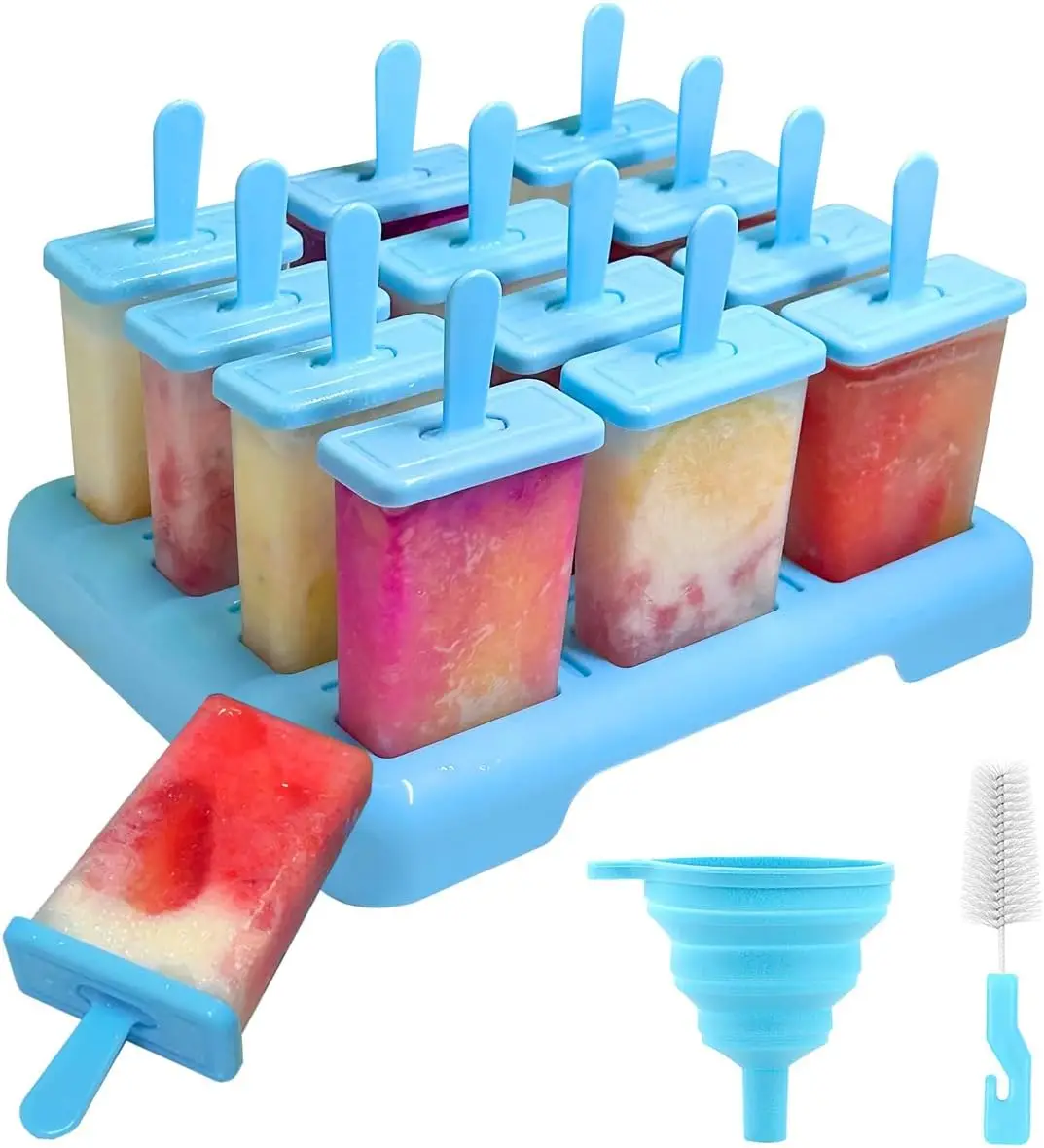 

12-Cav BPA-Free Popsicle Molds w/ Built-in Sticks. Includes brush & funnel for DIY pops.