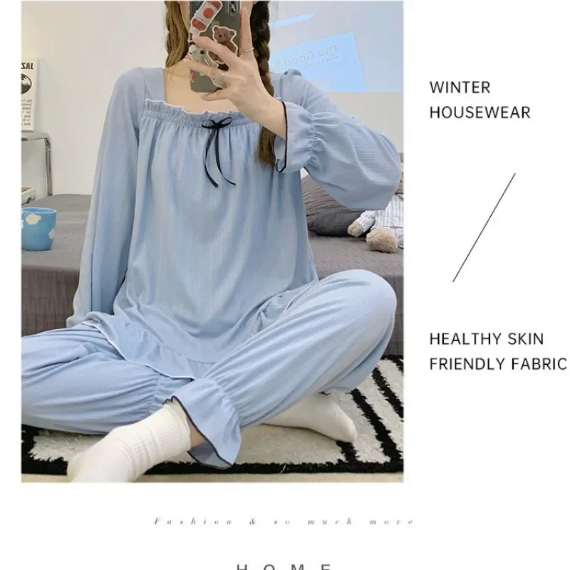 5XL Home Clothes with Chest Pad Women Plus Size Autumn Long Sleeve Two Piece Pijama Cotton Solid Soft Elegance Loose Outfits