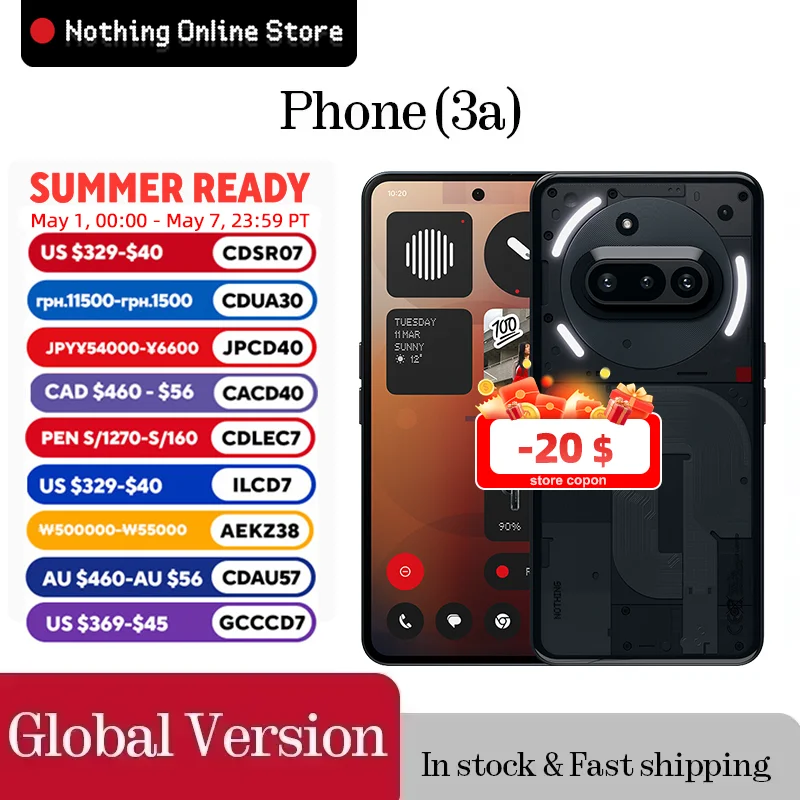 Nothing Phone (3a) 6.77-дюймовый гибкий AMOLED-дисплей, Snapdragon 7s Gen 3 5G, 5000 мАч, зарядка 50 Вт, 12 ГБ+256 ГБ
